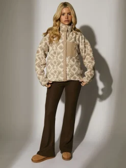 South Beach Print Oversized Borg Zip Jacket With Pocket Cream Sale