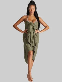 South Beach Khaki Crinkle Viscose Fringed Sarong Cover-Up Sale