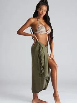 South Beach Khaki Crinkle Viscose Fringed Sarong Cover-Up Sale