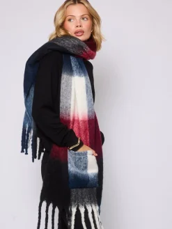 South Beach Red Fluffy Check Scarf with Pocket Clearance