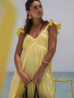 South Beach 100% Cotton Frill Sleeve Tiered Maxi Dress Yellow Discount