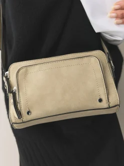 Next Double Zip Cross-Body Faux Suede Bag Stone