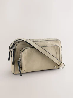 Next Double Zip Cross-Body Faux Suede Bag Stone