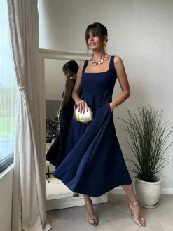 Style Cheat Blue Square Neck Fit and Flare Dress Hot