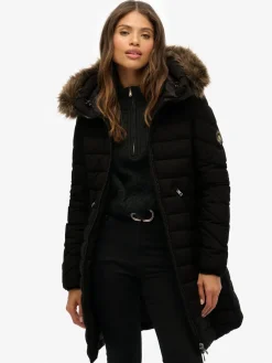 Superdry Black Fuji Faux Hood Mid Length Coat Best