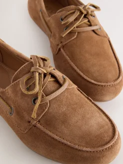 Next Tan Brown Extra Wide Fit Leather Round Toe Boat Shoes Sale