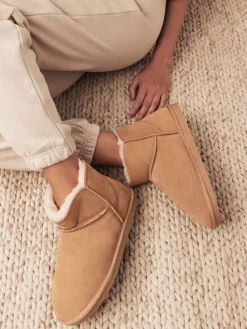 Next Faux Fur Lined Suede Slipper Boots Tan Brown Outlet