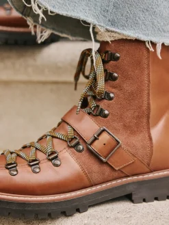 Next Forever Comfort® Buckle Trim Lace Up Boots Tan Brown Leather New