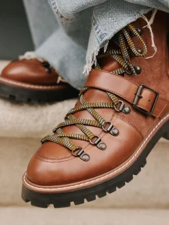 Next Forever Comfort® Buckle Trim Lace Up Boots Tan Brown Leather New