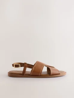 Next Standard/Wide Fit Stitched Slingback Sandals Tan Brown Leather Sale
