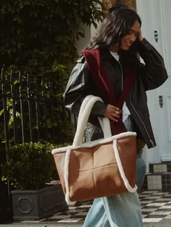 Next Tan Brown PU Borg Tote Bag Sale