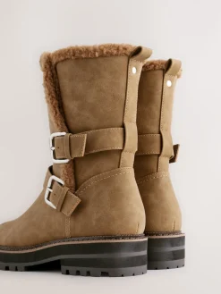 Next Standard/Wide Fit Forever Comfort® Double Buckle Faux Fur Lined Ankle Boots Tan Brown