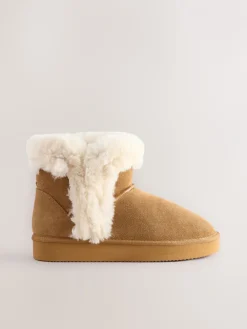 Next Suede Faux Fur Boot Slippers Tan Brown Clearance