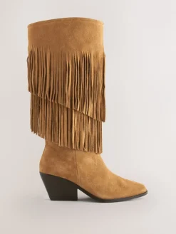 Next Tan Brown Suede Forever Comfort® Fringed Knee High Cowboy Boots Best