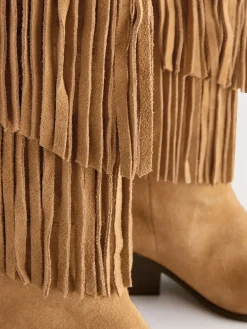 Next Tan Brown Suede Forever Comfort® Fringed Knee High Cowboy Boots Best