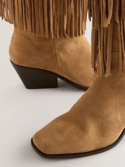Next Tan Brown Suede Forever Comfort® Fringed Knee High Cowboy Boots Best