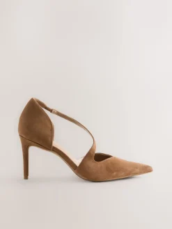 Next Premium Leather Asymmetric Court Heels Tan Brown Suede Hot