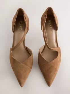 Next Premium Leather Asymmetric Court Heels Tan Brown Suede Hot