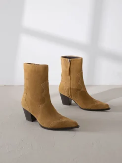 Next Signature Premium Leather Point Toe Block Heel Western Boots Tan Brown Suede