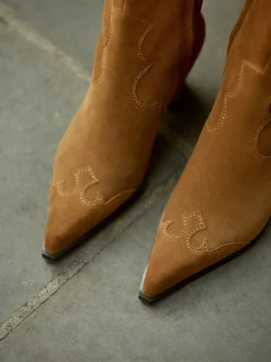 Next Signature Premium Leather Point Toe Block Heel Western Boots Tan Brown Suede