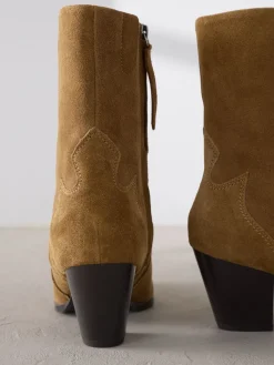 Next Signature Premium Leather Point Toe Block Heel Western Boots Tan Brown Suede