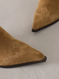 Next Signature Premium Leather Point Toe Block Heel Western Boots Tan Brown Suede