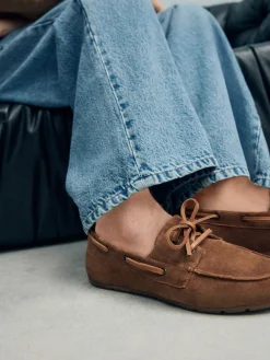 Next Standard Fit Leather Round Toe Boat Shoes Tan Brown Suede Sale
