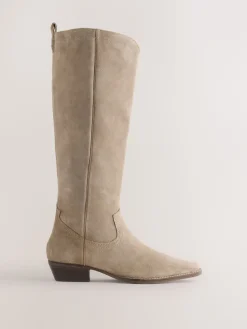 Next Forever Comfort® Knee High Contrast Western Boots Taupe Brown Suede Leather Mix Hot