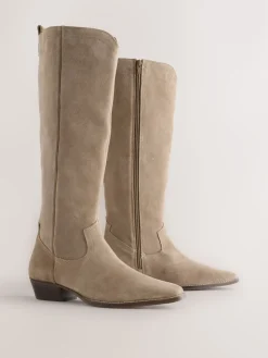 Next Forever Comfort® Knee High Contrast Western Boots Taupe Brown Suede Leather Mix Hot