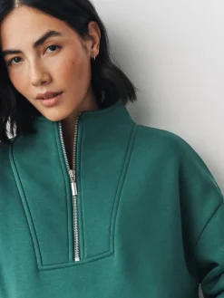 Next Relaxed Fit Heavyweight Cotton Rich Jersey Zip Neck Sweatshirt Teal Blue Discount