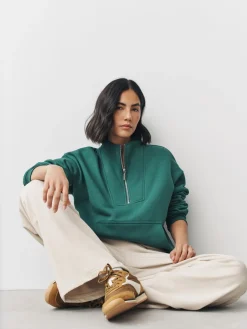 Next Relaxed Fit Heavyweight Cotton Rich Jersey Zip Neck Sweatshirt Teal Blue Discount