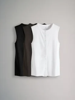 The Set 3 Pack Button Through Ribbed Vests Black/White/Chocolate Brown Outlet