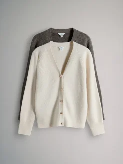 The Set 2 Pack Chunky Rib Knitted Cardigans With Wool Brown Marl/Cream Online