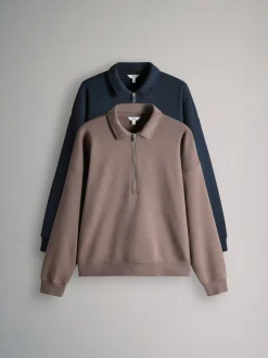 The Set 2 Pack Collared Zip Sweatshirt Navy/Light Brown New