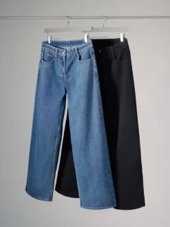 The Set 2 Pack Denim Wide Leg 100% Cotton Jeans Black/Mid Blue Clearance