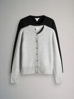 The Set 2 Pack Gold Button Knitted Cardigans With Wool Black/Grey Marl Hot