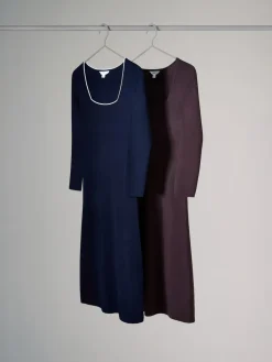 The Set 2 Pack Knitted Square Neck Dress Burgundy Plum/Navy Blue Tipped Best