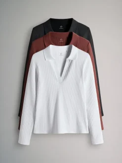 The Set 3 Pack Long Sleeve Ribbed Polo Top Black/Pink/White Clearance