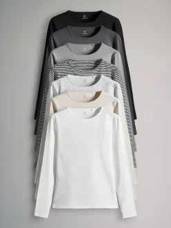 The Set 7 Pack Long Sleeve Crew Neck T-Shirts Stripe/Black/Grey/White Sale