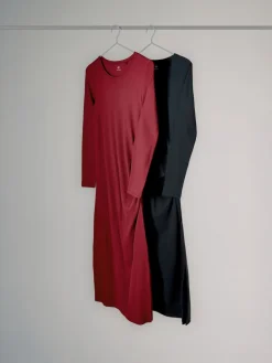 The Set 2 Pack Long Sleeve Ribbed Ruched Maxi Dresses Black/Red Hot
