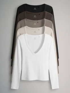 The Set 5 Pack Long Sleeve V-Neck Ribbed T-Shirts Multi Clearance