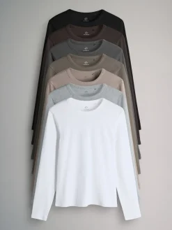 The Set 7 Pack Long Sleeve Ribbed T-Shirts Black/White/Grey Marl/Charcoal/Brown/Taupe Brown Online