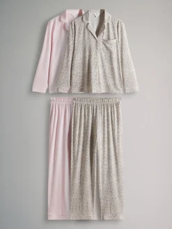 The Set 2 Pack Polyester Viscose Blend Button Through Long Pyjamas with Piping Animal/Pink Online