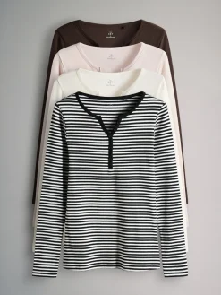 The Set 4 Pack Ribbed Henley Long Sleeve T-Shirts Berry/Stripe/Pink/White Sale