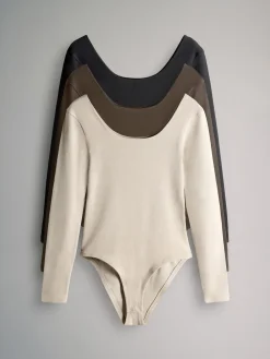 The Set 3 Pack Ribbed Long Sleeve Bodysuits Black/Chocolate/Cream