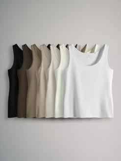 The Set 7 Pack Scoop Neck Vests Black/White/Brown/Light Brown/Cream/White Sale