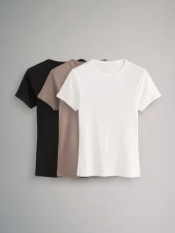 The Set 3 Pack Short Sleeve Ribbed T-Shirts Black/Taupe Brown/White Best
