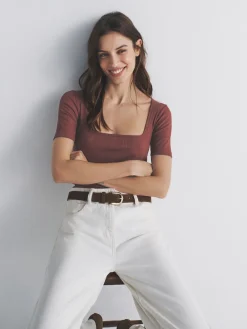 The Set 4 Pack Textured Ribbed Square Neck Half Sleeve T-Shirts Black/Pink/White Sale