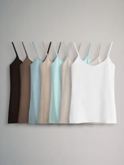The Set 7 Pack Thin Strap Vest Tops Chocolate Brown/Cream/White/Blues Best