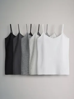 The Set 5 Pack Thin Strap Vest Tops Black/Grey/Stripe/Light Grey Marl/White